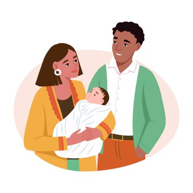 Çocuğunu kucağında tutan ebeveynleri gösteren düz bir resim.