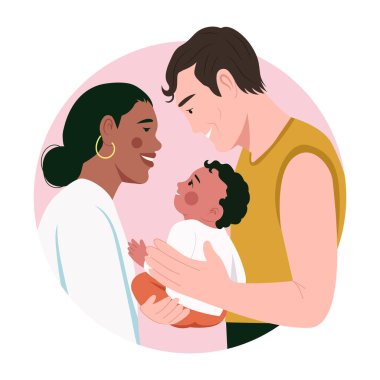 Mutlu ebeveynlerin bebeklerini kucaklamalarını gösteren düz bir çizim.