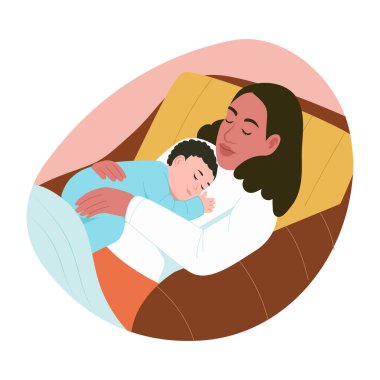 Anne çocuğunun yattığını gösteren düz bir çizim.