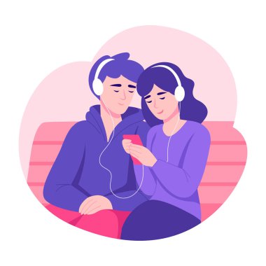 Müzik dinleyen bir çifti gösteren düz bir resim.