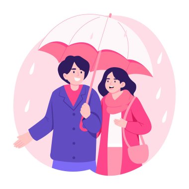 Bir çiftin şemsiye aşklarını gösteren düz bir resim.