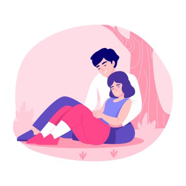 Ağacın altında oturan çiftin park romantizmini gösteren düz bir resim.