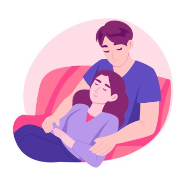 Genç bir çift kanepede birlikte dinleniyor, düz stil çizim.