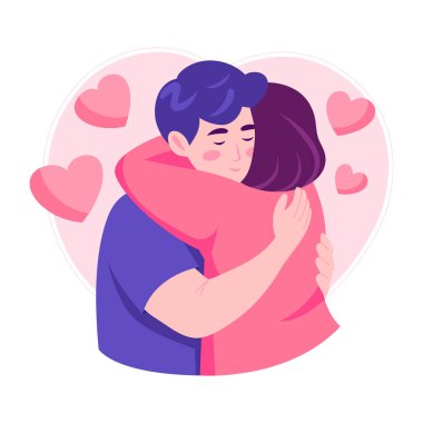 Romantik bir çiftin birbirlerine sımsıkı sarıldıklarını gösteren düz bir çizim.