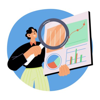 Grafikleri analiz eden bir karakteri gösteren düz biçim çizimi