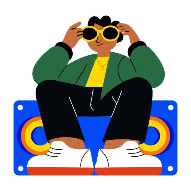 Kendine güvenen havalı bir çocuğu tasvir eden düz bir resim.