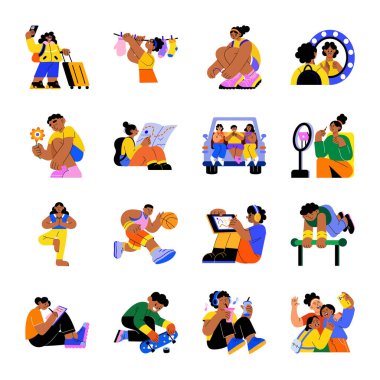 Bir grup Genç Yaşam Tarzı Düz Çizimler 