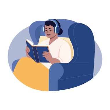 Bir karakter dinleme kitabı gösteren düz biçim illüstrasyonu