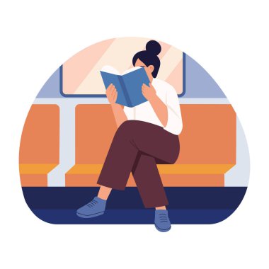 Metro okuma yapan bir karakteri tasvir eden düz stil çizimi