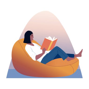 Fasulye torbası okuma yapan bir karakteri gösteren düz bir resim