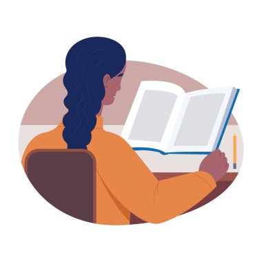 Okuyan bir kızı gösteren düz bir çizim.