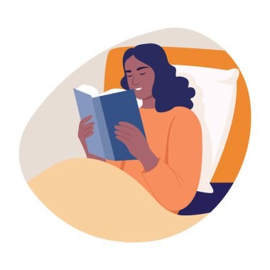 Yatmadan önce kitap okuyan bir karakteri gösteren düz bir resim