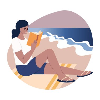 Sahilde kitap okuyan bir karakteri gösteren düz bir resim.