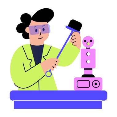 Robot kalibrasyon yapan bir karakteri gösteren düz biçim çizimi