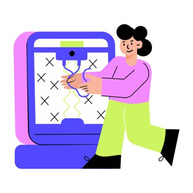 3d yazıcı makinesi kullanan bir karakteri gösteren düz biçim illüstrasyonu