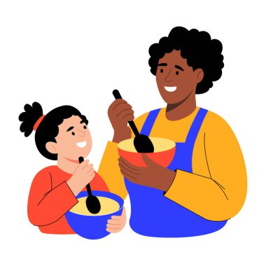 Çocuğun yemek pişirmekten zevk aldığını gösteren düz bir resim.