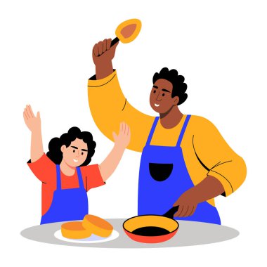 Çocuğun krep yaparken eğlendiğini gösteren düz bir resim.