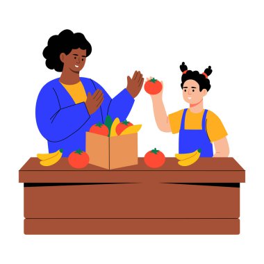 Çocuğun market düzenlemelerine yardım ettiğini gösteren düz bir çizim.