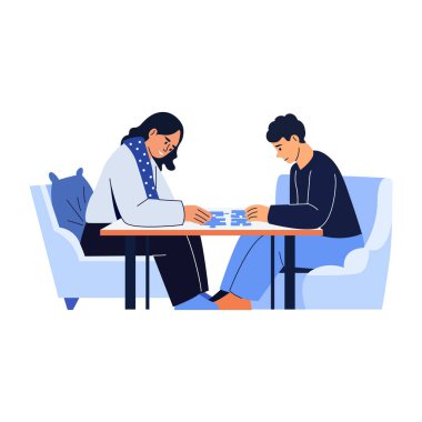 Arkadaşların bulmaca çözdüğünü gösteren düz bir çizim