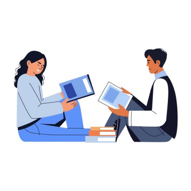 Arkadaşların kitap alışverişini gösteren düz bir illüstrasyon