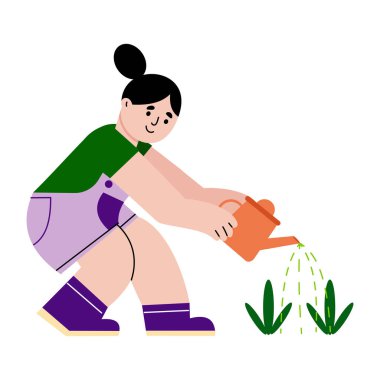 Bitkileri sulayan bir çocuğu gösteren düz bir resim.