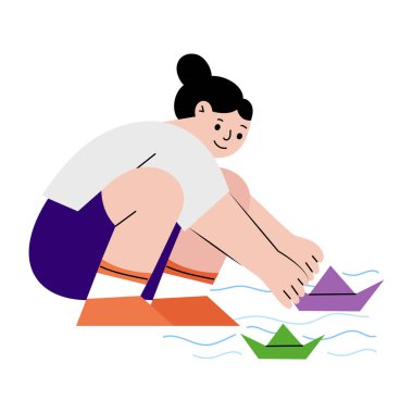 Kağıt teknelerle oynayan bir çocuğu gösteren düz bir çizim.