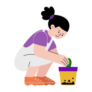 Bir çocuğun tohum ektiğini gösteren düz bir çizim.