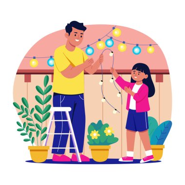 Işık dekorasyonunu gösteren düz bir çizim