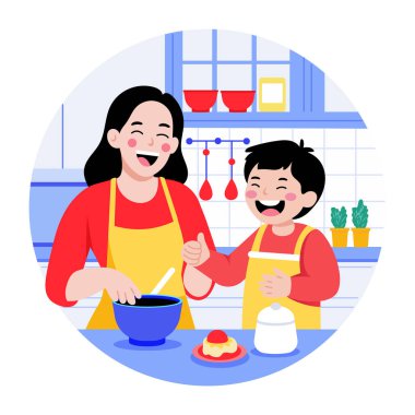 Çocukların yemek pişirdiğini gösteren düz bir resim.