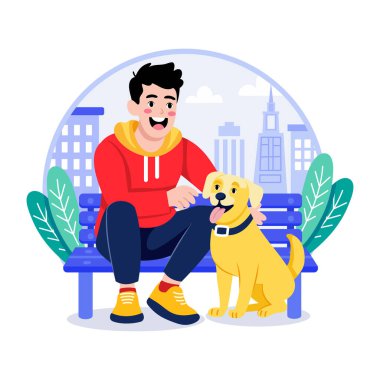 Bir çocuğun hayvanını sevdiğini gösteren düz bir çizim.