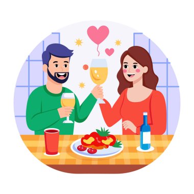 Bir çifti içki içerken gösteren düz bir resim.