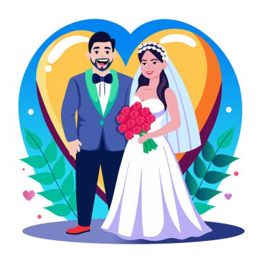 Yeni evli çifti gösteren düz bir çizim.