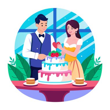 Çiftin pasta seremonisini gösteren düz bir resim.