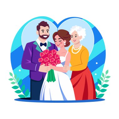 Düğün ailesini gösteren düz bir çizim.