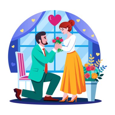 Bir insanın kız arkadaşına evlenme teklif edişini gösteren düz bir resim.