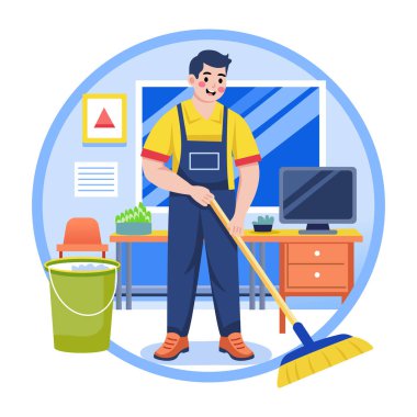 Temizlikçiyi gösteren düz bir çizim