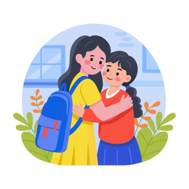 İki öğrencinin kucaklaşmasını gösteren düz bir resim.