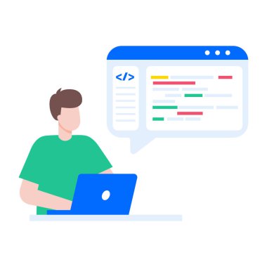 Bir kişinin kod yazdığını gösteren düz bir illüstrasyon