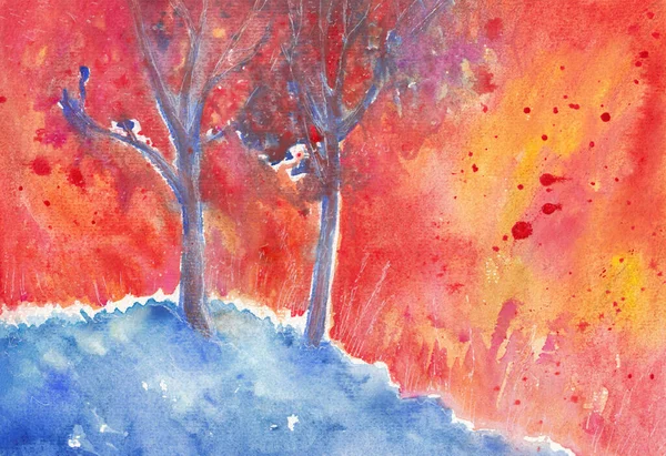 Hand drawn illustration autumn landscape. Sunrise, Sunset. Autumn Park. Watercolor painting.