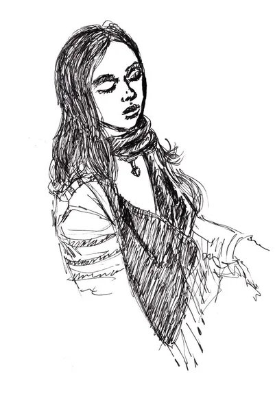 Ручной Рисунок Спящей Девушки Длинном Шарфе Белом Фоне Монохром — стоковое фото