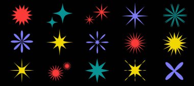 Acımasızlık stili yıldız ve çiçek, vektör kümesini şekillendirir. Düz minimalist grafik simgeleri. Modern soyut geometrik formlar modaya uygun retro elementler çizimi