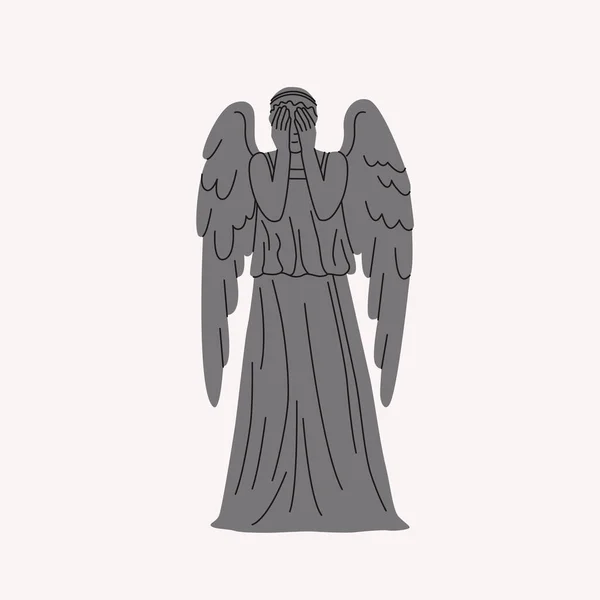 Skulptur Gråtande Ängel Vektor Illustration Läskig Karaktär Med Vingar Marmor — Stock vektor