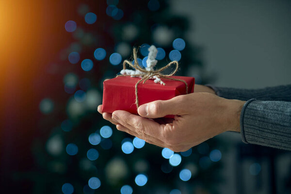 Man Holds Her Hands Red White Gift Celebrate Holidays Present Royalty Free Stock Photos