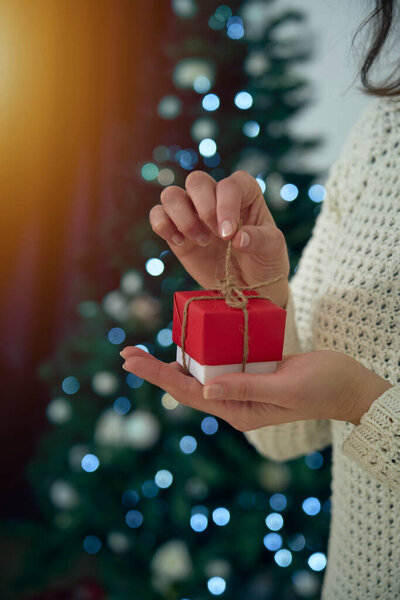 Woman Holds Her Hands Red White Gift Celebrate Holidays Present Stock Photo
