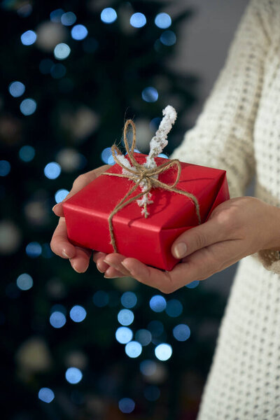 Woman Holds Her Hands Red White Gift Celebrate Holidays Present Royalty Free Stock Images