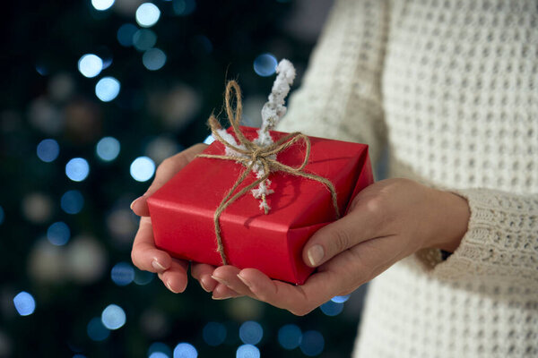Woman Holds Her Hands Red White Gift Celebrate Holidays Present Stock Photo