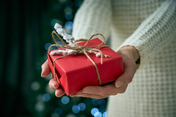 Woman Holds Her Hands Red White Gift Celebrate Holidays Present Stock Image