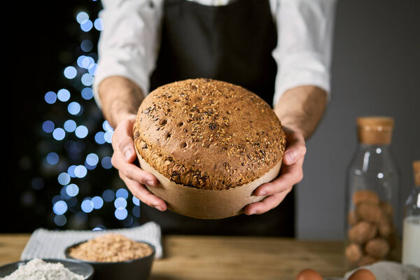 Panettone Cereals Celebrate Christmas Holiday Traditional Italian Homemade Christmas Panettone Stock Picture