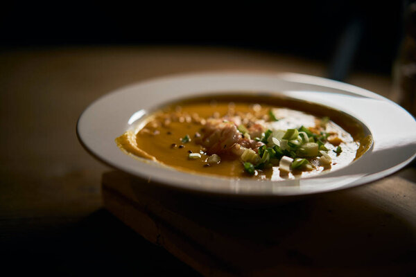 Creamy Orange Pumpkin Soup Shrimp Spring Onion Photographed Pumpkin Puree Royalty Free Stock Images