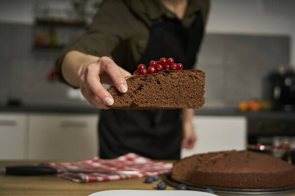 Woman Passion Cooking Decorates Slice Handmade Chocolate Cake Her Home Stock Image